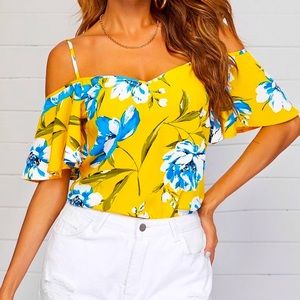 cold shoulder floral print top,Color Yellow | size Xs